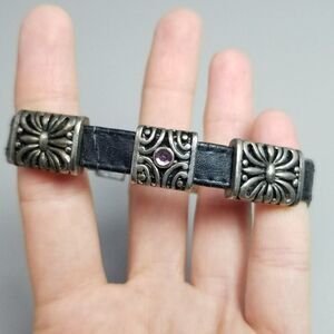 Vintage Faux Leather and Silver Tone Hardware Bangle Bracelet, Unsigned